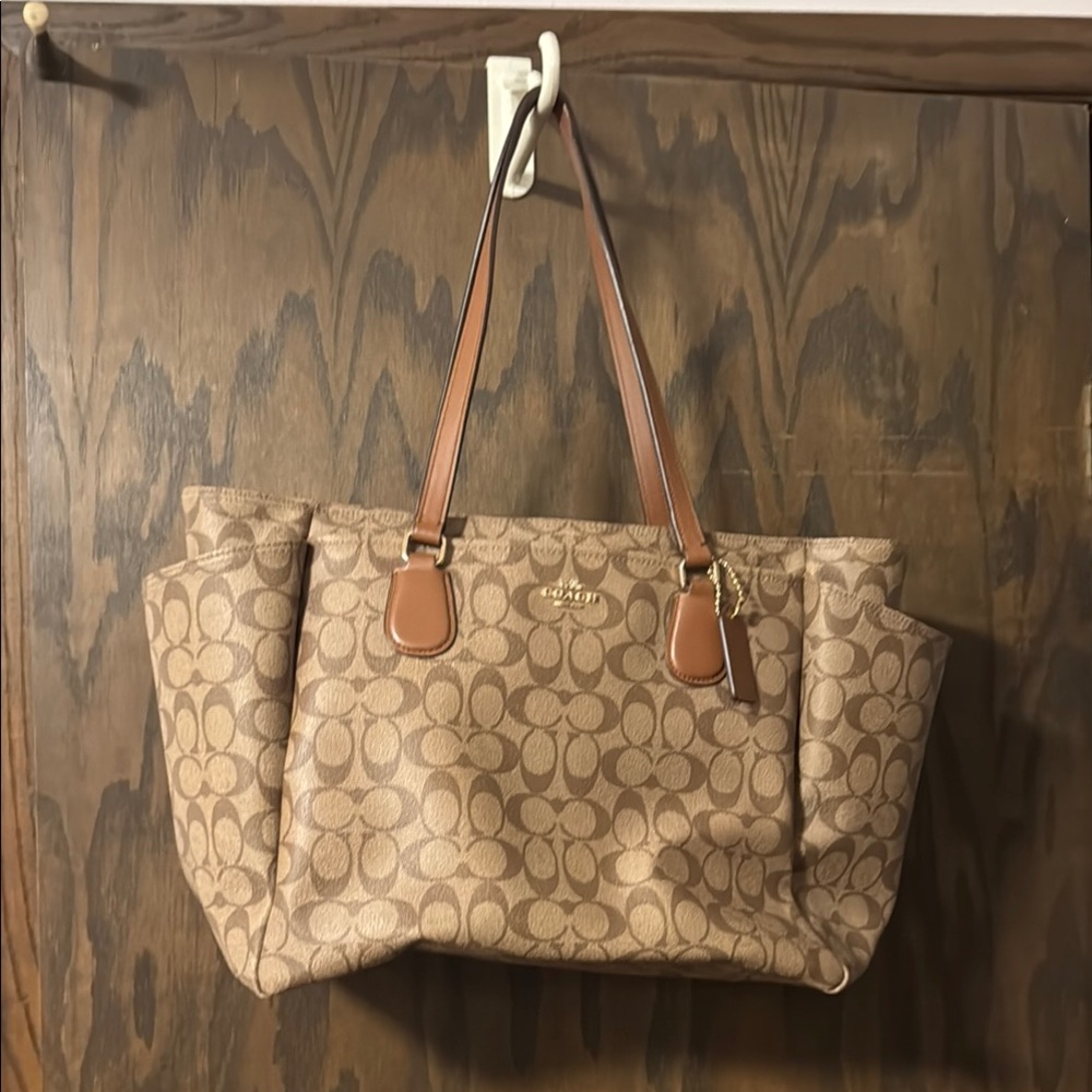 Coach Brown Signature diaper Tote Bag with Leather Accents